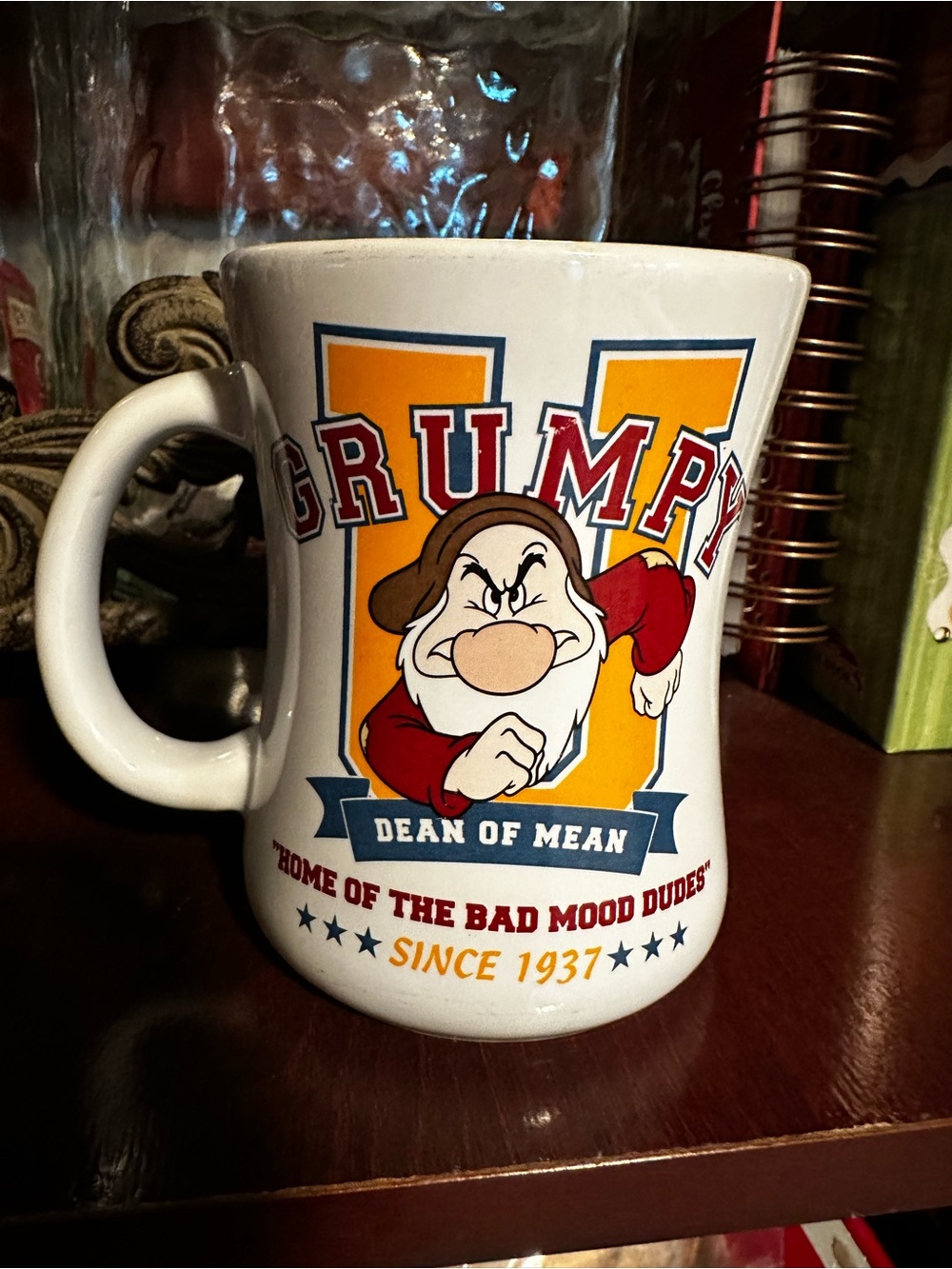 💯 DISNEY Grumpy “Dean of Mean” Coffee Mug with Red, Yellow and Blue Graphics